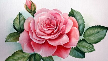 Wall Mural - Delicate watercolor painting of a pink rose in full bloom.