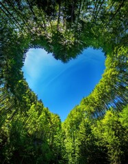 Canvas Print - Heart-shaped sky seen through lush green forest canopy. A vibrant summer scene.