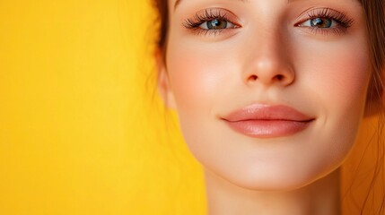 Wall Mural - portrait of a beautiful young woman with natural makeup against a vibrant yellow background, capturi