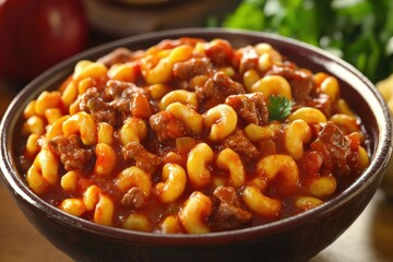 Wall Mural - A hearty bowl of macaroni and beef stew, featuring rich, vibrant colors and fresh ingredients.