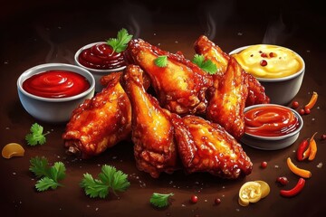 Canvas Print - Delicious glazed chicken wings served with various tangy sauces and garnished with fresh herbs.