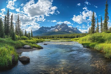 Poster - Mountain River Winding Through Forested Landscape Under a Blue Sky