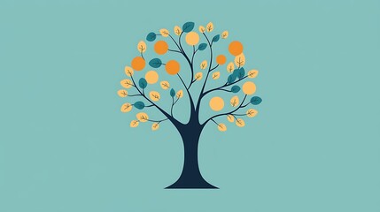 Wall Mural - Stylized Tree with Orange Fruits and Teal Leaves