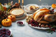 © john - Thanksgiving Dinner Spread with Roasted Turkey, Cranberry Sauce, and Pumpkin Pie
