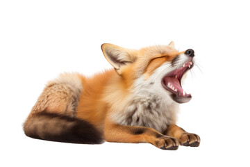 Wall Mural - A fox stretching its body and yawning with its mouth open isolated on white background