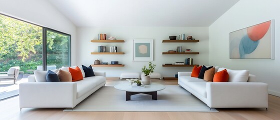 Wall Mural - Symmetrically Arranged Cozy and Stylish Modern Living Room with Bookshelf and Subtle Textures