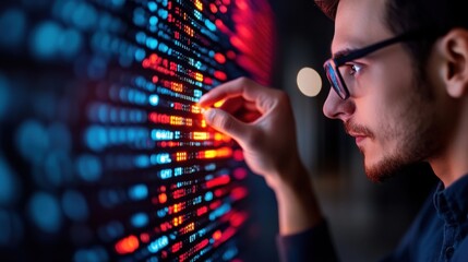 Wall Mural - man analyzing digital data on a screen with colorful binary code highlights in a dark environment, r