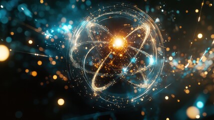 Leinwandbilder - A vibrant and intricate artistic rendering of an atomic structure surrounded by glowing particles in a dark cosmic backdrop