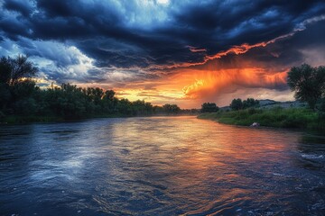 Poster - Sunset Reflecting on a Calm River with Dramatic Clouds