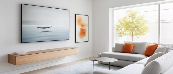 Wall Mural - Bright and Minimalist Living Room with Floating Wooden TV Console and Abstract Wall Art