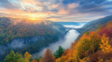 Poster - Stunning autumn sunrise over the New River Gorge with vibrant foliage and a majestic bridge reflecting on tranquil waters
