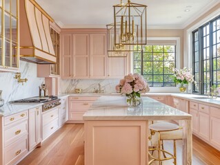 Wall Mural - Elegant Pink Kitchen With Gold Accents And Island