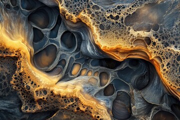 Canvas Print - Abstract Pattern of Eroded Rock with Golden and Black Hues