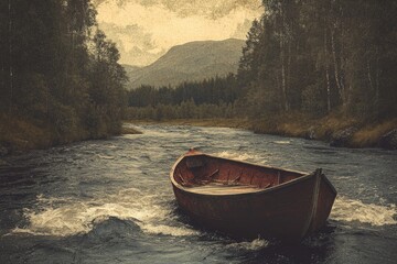 Poster - A Wooden Rowboat Navigates a Winding River Through a Forest