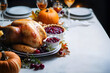 © john - Thanksgiving Dinner Spread with Roasted Turkey, Cranberry Sauce, and Pumpkin Pie