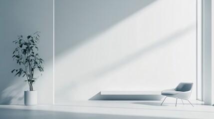 Leinwandbilder - A serene minimalist office space featuring a single chair, a potted plant, and ample natural light in a quiet setting