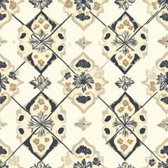 Aufkleber - Geometric pattern of diamond shapes with floral designs in muted colors creates an intricate textile design suitable for various decor styles