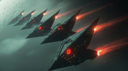 Poster - Dramatic aerial view of a fleet of futuristic spacecraft flying near a moon during a cosmic mission
