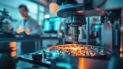Fototapete - A scientist conducts experiments in a modern laboratory, focusing on intricate machinery and analyzing data late in the day