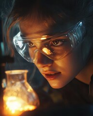 Poster - A passionate young chemist observes a glowing reaction in the lab at twilight, focused on her experimental work and discovery