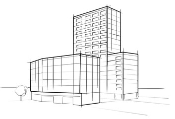 Fototapete - Outline sketch of a modern building complex, minimalist architectural style, on a white background. Concept of urban development and design ideas