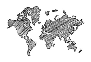 Fototapete - Hand-drawn world map sketch showing continents in diagonal lines. Ink on a clean white background. Concept of global geography and education