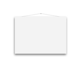 Poster - A blank white hanging poster with a thin string on a white background, casting a subtle shadow. Suitable for design, presentation, or template use