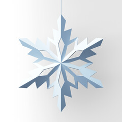 Poster - A light blue paper snowflake hanging on a white background. The design shows intricate cutouts in a geometric style. Winter decor concept