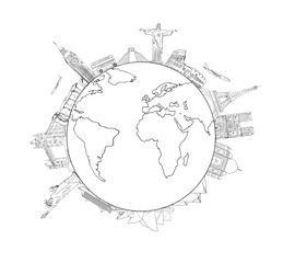 Fototapete - Illustration of world-famous landmarks surrounding the globe in a sketch style. Isolated on a white background. Concept of travel and global tourism