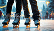 © iredman - ice skating, legs close-up, evening rink at Christmas.