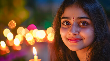 Portrait of indian teenage girl with candle at diwali festival outdoor - Asian person and  hinduism concept - Model by AI generative