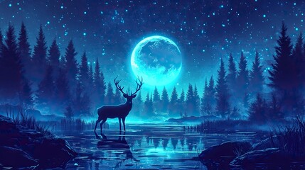 Wall Mural - Futuristic night landscape with abstract forest landscape. Dark natural forest scene with reflection of moonlight in the water, neon blue ligh, dark forest, deer.