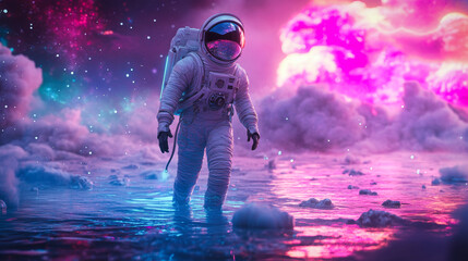 Wall Mural - An astronaut walking in the water of an alien planet