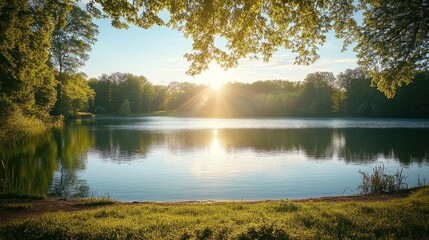 Sticker - A serene lake surrounded by lush greenery, reflecting sunlight with a clear blue sky in the background