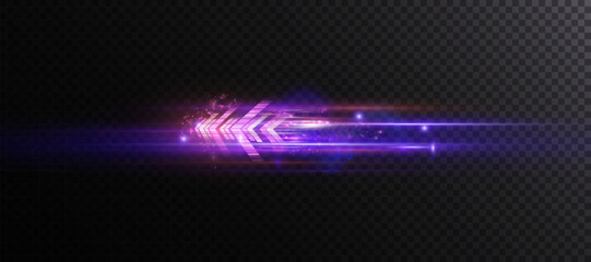 Poster - Light effect of technological high-speed movement of the arrow of light speed bright glow on transparent background. Dynamic movement of the arrow of energy of light of high speed.