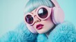 © zayatssv - Close-up portrait of a gorgeous woman with a white and blue bob hairstyle, wearing black sunglasses and pink headphones on her head. She is dressed in an oversized plush outfit