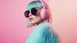 © zayatssv - Close-up portrait of a gorgeous woman with a white and blue bob hairstyle, wearing black sunglasses and pink headphones on her head. She is dressed in an oversized plush outfit