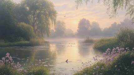 Wall Mural - Serene Morning Landscape with Misty Water, Tranquil Reflections and Vibrant Flora in a Peaceful Natural Setting