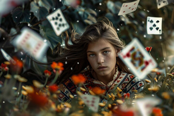 Wall Mural - beautiful girl in the surreal world of wonders generative ai
