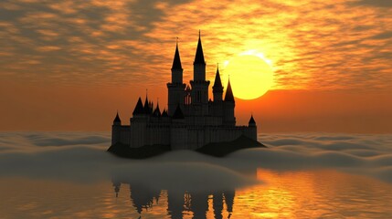 Wall Mural - Majestic Castle Surrounded by Misty Clouds Under a Dramatic Sunset with Vibrant Orange and Yellow Hues Enveloping a Serene Landscape