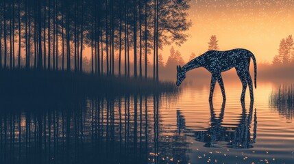 Wall Mural - Serene Giraffe Silhouette at Twilight Near Calm Water with Glowing Stars Among Tall Trees and a Dreamy Landscape Reflection in the Water