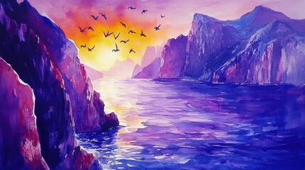 Wall Mural - Vibrant Sunrise Over Serene Waters with Majestic Mountains and Flying Birds in a Dreamlike Landscape of Nature's Beauty