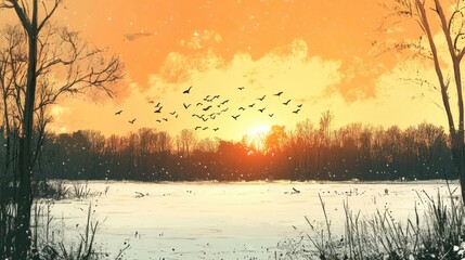Wall Mural - Serene Winter Sunset Over a Snow-Covered Landscape with Flying Birds and Silhouetted Trees Creating a Peaceful Nature Scene