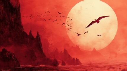 Wall Mural - Dramatic Sunset Over Rugged Mountains with Silhouetted Birds Flying Across a Fiery Red Sky and Glowing Sunlight in a Striking Artistic Landscape