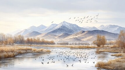 Wall Mural - Serene Landscape of Mountains and Waters with Migrating Birds in Flight Over a Tranquil Reflection of Snow-Capped Peaks and Lush Riverbanks in Early Morning Light