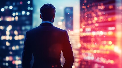 Wall Mural - A silhouette of a man in a suit stands against a vibrant city skyline, illuminated by colorful lights, evoking a sense of ambition and urban life.