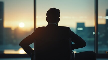 Wall Mural - A silhouetted figure sits in an office chair, gazing out a window at a sunset over a city skyline, conveying a sense of reflection and ambition.