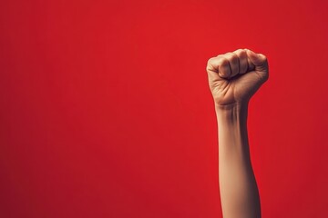 Raised fist symbolizing strength and unity against a vibrant red background in a powerful gesture