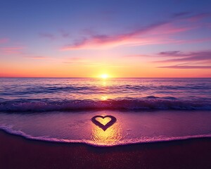 Wall Mural - A beautiful sunset over the ocean, with a heart shape in the sand, creating a romantic and serene atmosphere.