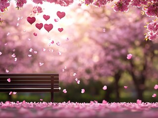 Wall Mural - a serene park scene featuring a bench under blooming cherry blossoms, with hearts floating among pin